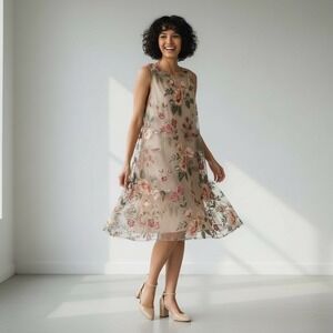 Beige by Eci Embroidered Floral Sheer Fairy Romantic Shift Dress Women's Size L